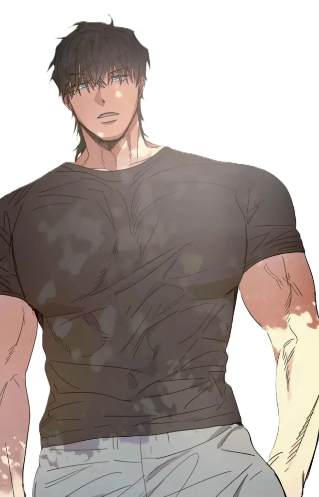 Illustration de Kwon Haebeom de Our Sunny Days mettant en valeur sa carrure de travailleur rural, ses bras musclés et son aura protectrice dans la section “Confession de la Lady”.