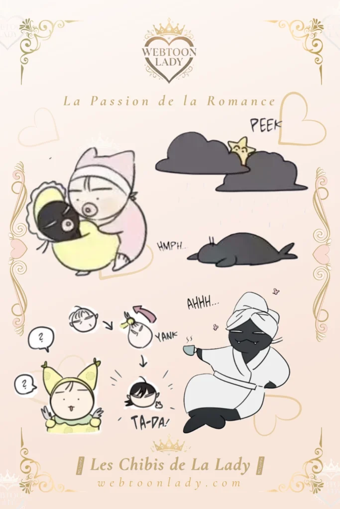 Montage des chibis de Our Sunny Days avec Kwon Haebeom en otarie noire, Sol bébé aux expressions chaotiques et mini scènes cocooning du webtoon.