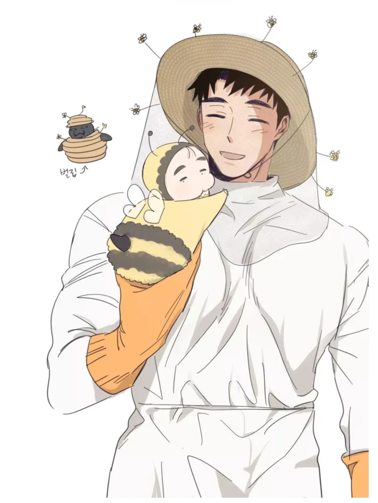 Illustration de Sung Ho portant Sol déguisée en abeille dans Our Sunny Days, représentant la douceur familiale et l’atmosphère chaleureuse du webtoon.