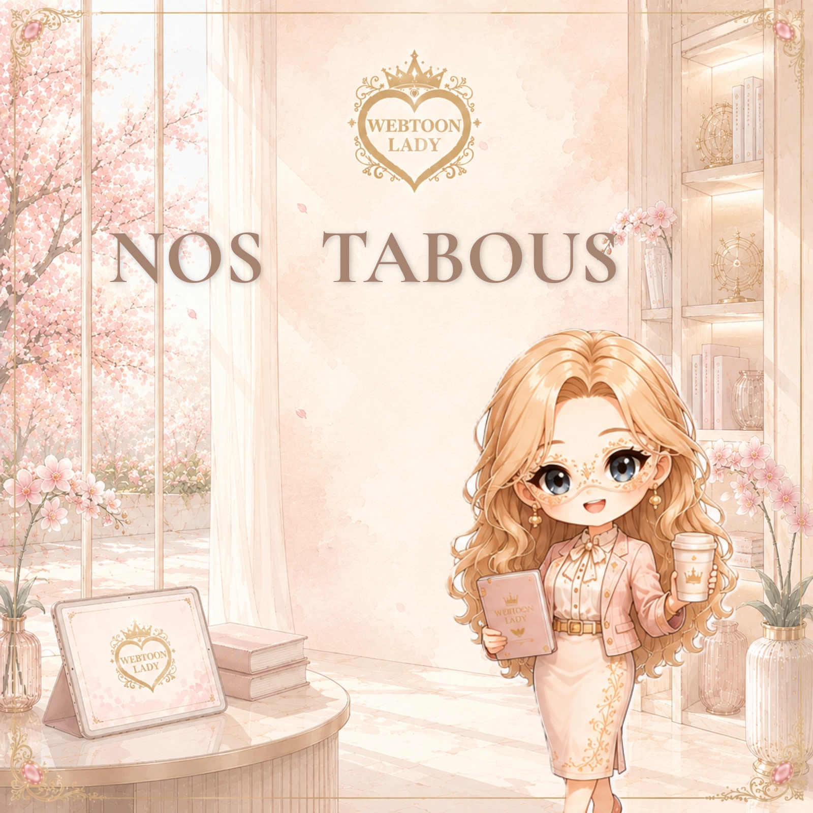 Illustration Webtoon Lady « Nos Tabous » : la mascotte chibi dans un salon contemporain romantique aux tons rose poudré et champagne, devant une grande baie vitrée avec un amandier en fleurs.
