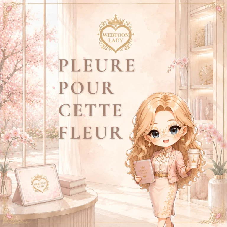 Illustration Webtoon Lady pour l'article « Pleure pour cette fleur ». La mascotte chibi se tient dans un salon contemporain romantique aux tons rose poudré et champagne, devant une baie vitrée ouvrant sur un amandier en fleurs. Le titre de l'article apparaît sous le logo Webtoon Lady dans un décor inspiré des webtoons coréens.
