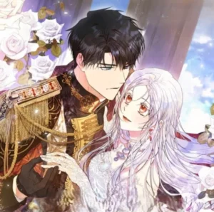 Fiona et Siegren dans le webtoon Autrice de ma destinée, illustration romantasy mettant en avant les deux protagonistes entourés de roses et d'ornements élégants.