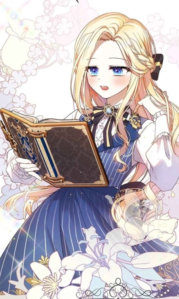 Dorothea enfant aux longs cheveux blonds et aux yeux bleus lit un grand livre dans The Tyrant Wants to Be Good.