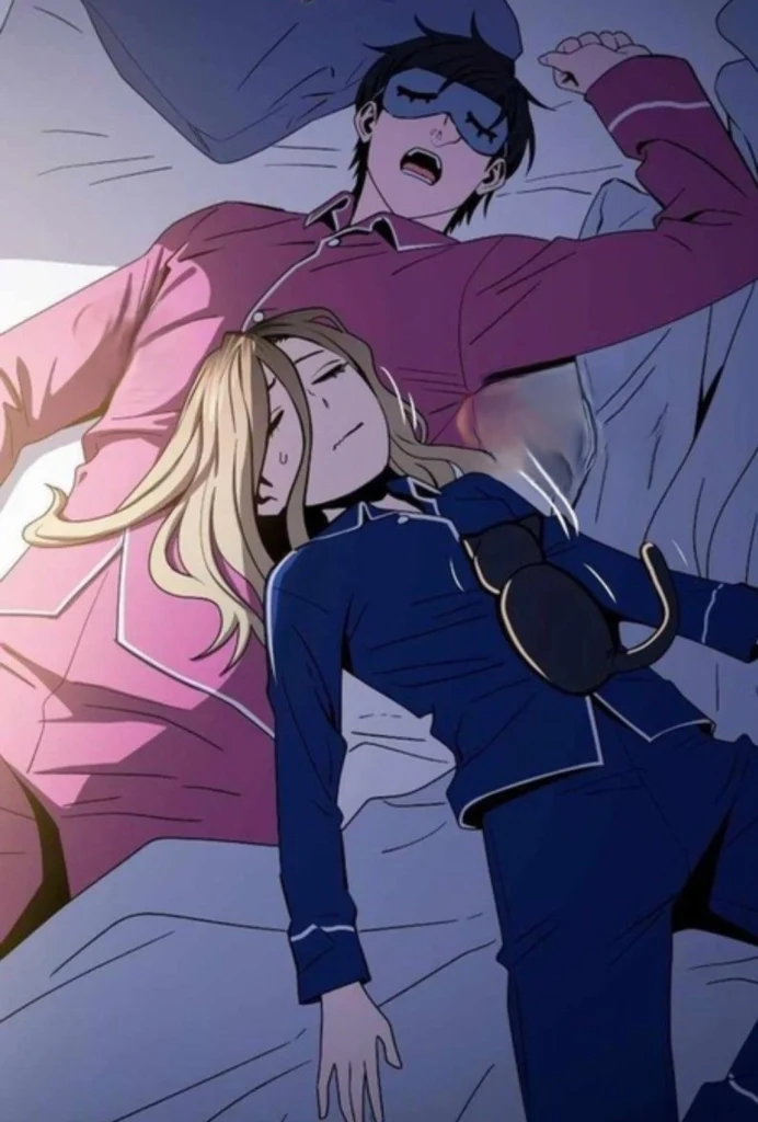 Jia et Mincheol endormis côte à côte dans le webtoon Maybe Meant to Be.
