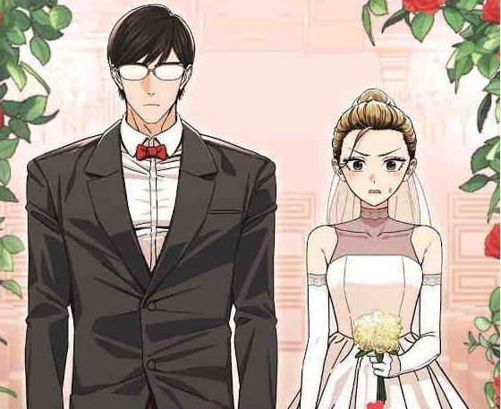 Jia et Mincheol en tenue de mariage lors de leur union de convenance dans le webtoon Maybe Meant to Be.