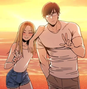 Jia et Mincheol sourient au coucher du soleil pendant leur voyage de noces dans le webtoon Maybe Meant to Be.