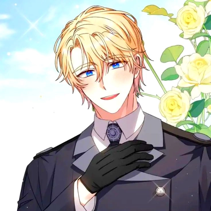 Raymond aux cheveux blonds et aux yeux bleus sourit devant des roses blanches dans The Tyrant Wants to Be Good.