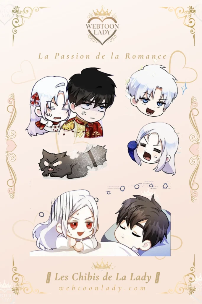 Montage chibi de Fiona et Siegren et Abel dans le webtoon Autrice de ma destinée, accompagné du petit chat noir symbolisant Siegren.