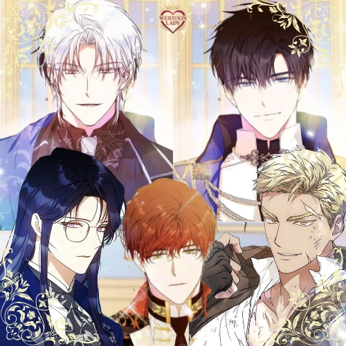 Montage des husbandos du webtoon Autrice de ma destinée réunissant Siegren, Abel, Clovis, Karl et Gunter dans une création Webtoon Lady.