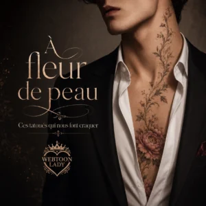 Homme imberbe en costume noir, vu de profil et cadré au buste, avec un tatouage de pivoines et d’arabesques remontant de la poitrine au cou, sous le titre « À fleur de peau : ces tatoués qui nous font craquer ».