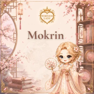 Illustration Webtoon Lady pour l’article sur Mokrin, avec une Lady asiatique en tenue pêche, des fleurs de prunier et une vague en transparence.