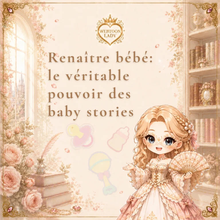 Illustration de La Lady enfant dans un décor historique, accompagnée d’un biberon, d’une tétine et d’un hochet, pour l’article « Renaître bébé : le véritable pouvoir des baby stories ».