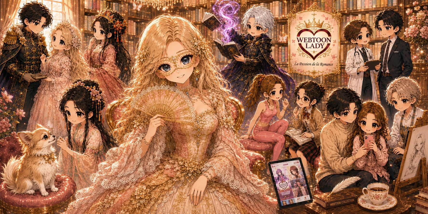 Bannière officielle de Webtoon Lady représentant la Lady en style chibi dans une bibliothèque romantique entourée de personnages de webtoons fantasy, historiques et contemporains, accompagnée de son chihuahua à poil long, sous le slogan « La Passion de la Romance ».
