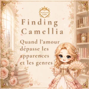 Illustration de la chronique À la recherche de Camélia, publiée en librairie sous le titre Finding Camellia, avec une Lady chibi et l’accroche « Quand l’amour dépasse les apparences et les genres ».