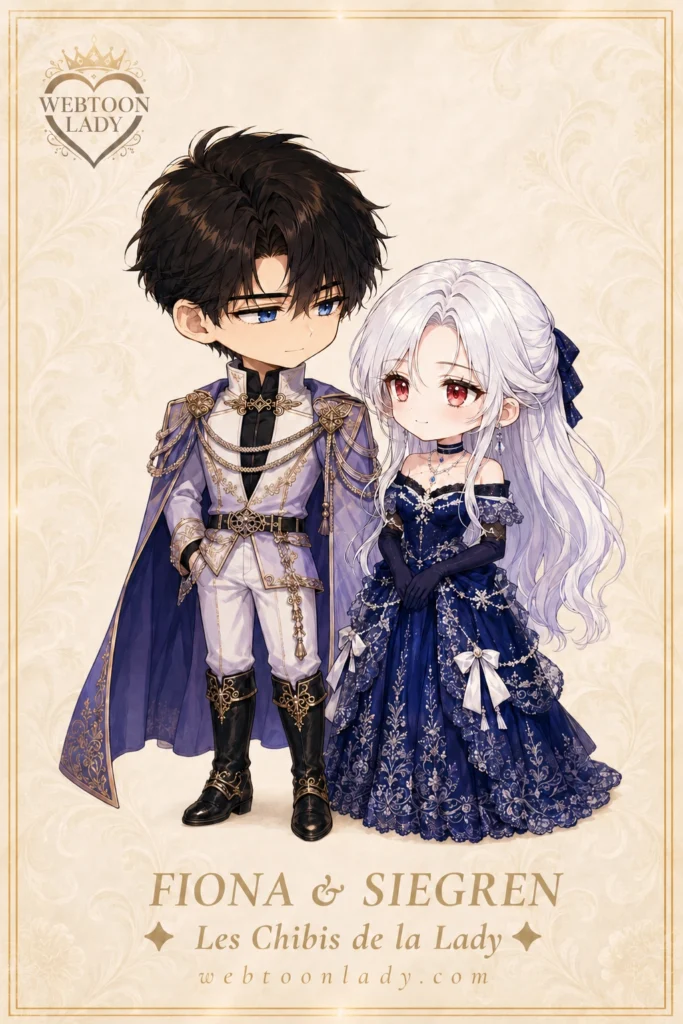Fiona et Siegren en personnages chibis inspirés du webtoon Autrice de ma destinée, vêtus d’une robe bleu nuit et d’un uniforme lavande.
