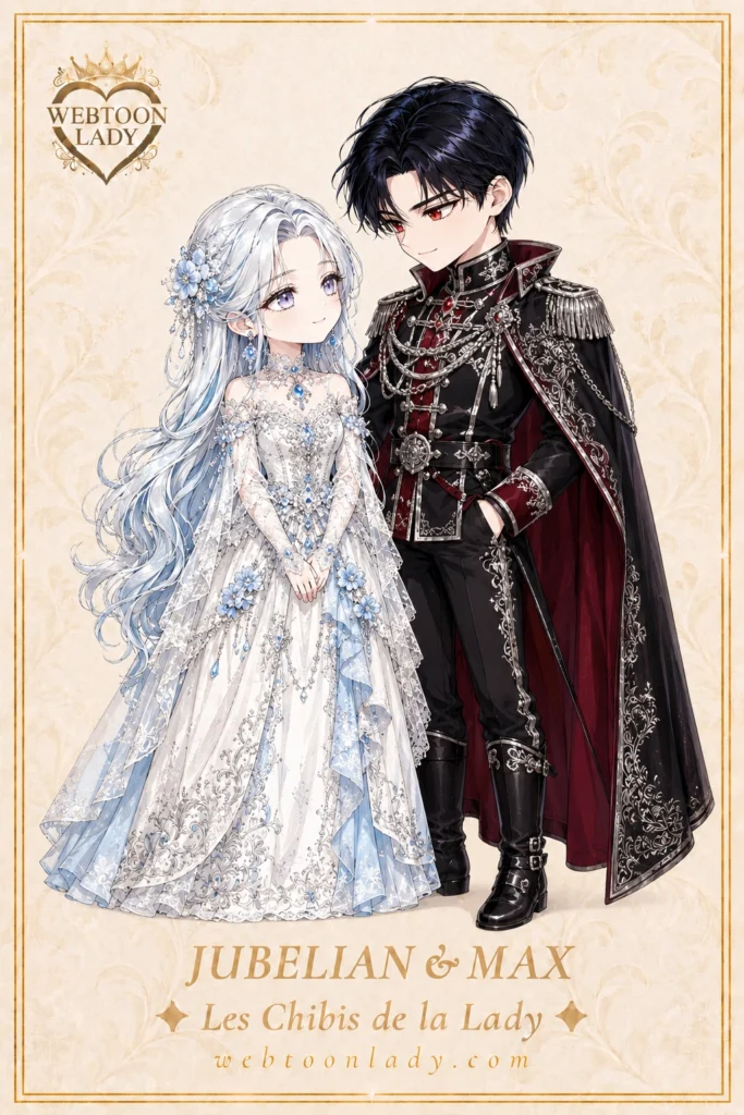 Jubelian et Max en personnages chibis inspirés du webtoon Father, I Don’t Want This Marriage, dans des tenues aristocratiques blanches, bleues, noires et bordeaux.