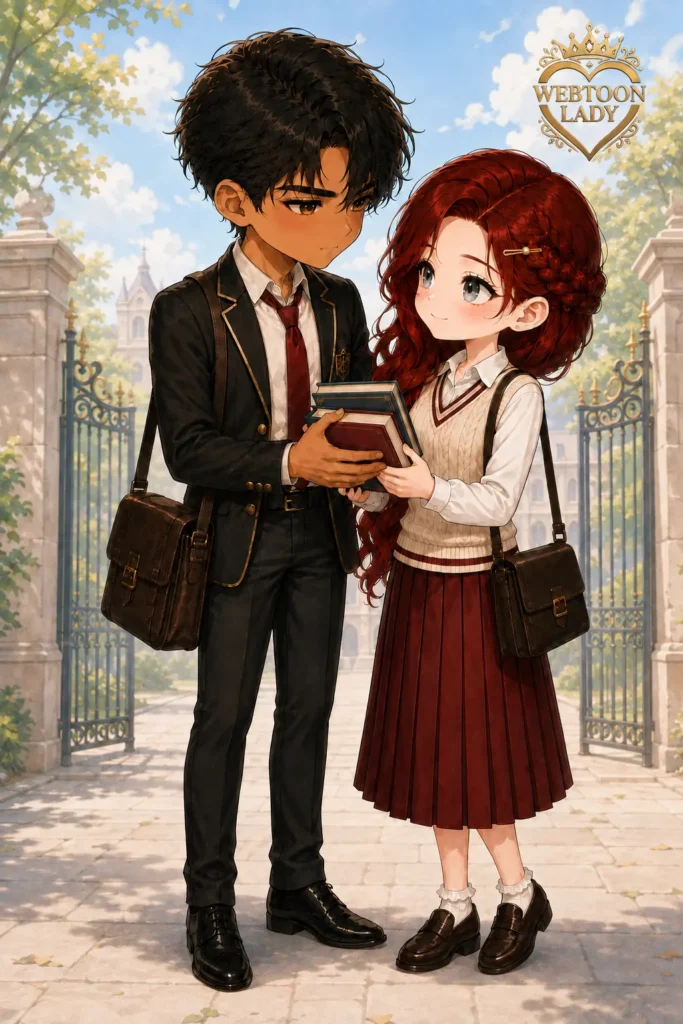 Fan art chibi de Maxi et Riftan d’Under the Oak Tree en étudiants modernes devant les grilles d’une université. Riftan porte un uniforme noir et aide Maxi, vêtue d’une jupe bordeaux, à tenir ses livres.
