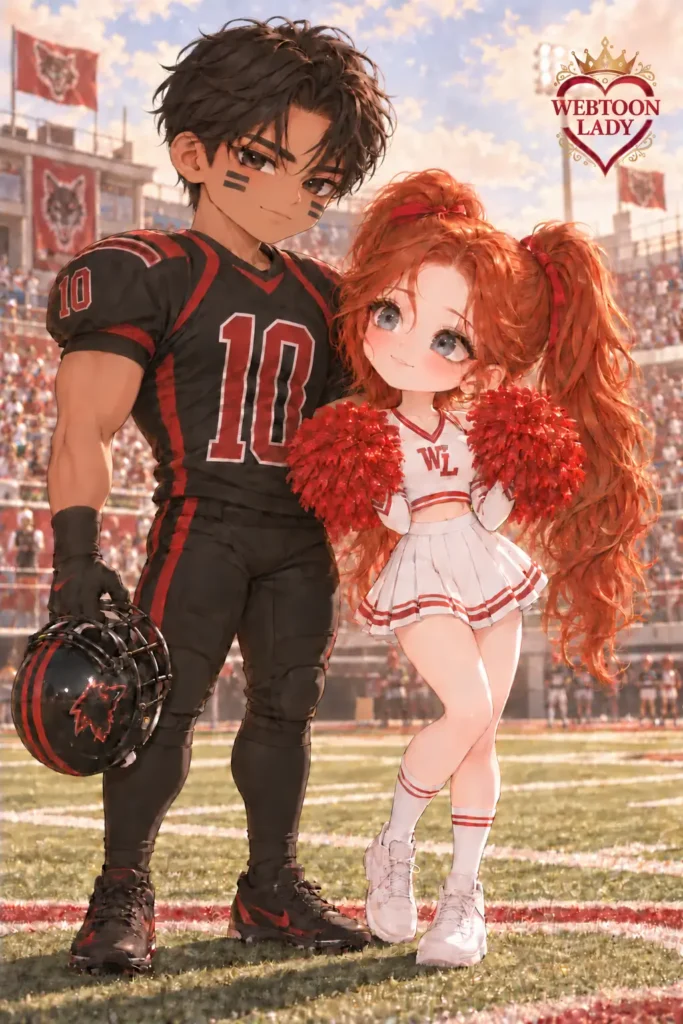 Fan art chibi de Maxi et Riftan d’Under the Oak Tree dans un stade américain. Riftan, en tenue noire et rouge, tient son casque de football américain, tandis que Maxi porte une tenue blanche de pom-pom girl avec des pompons rouges.
