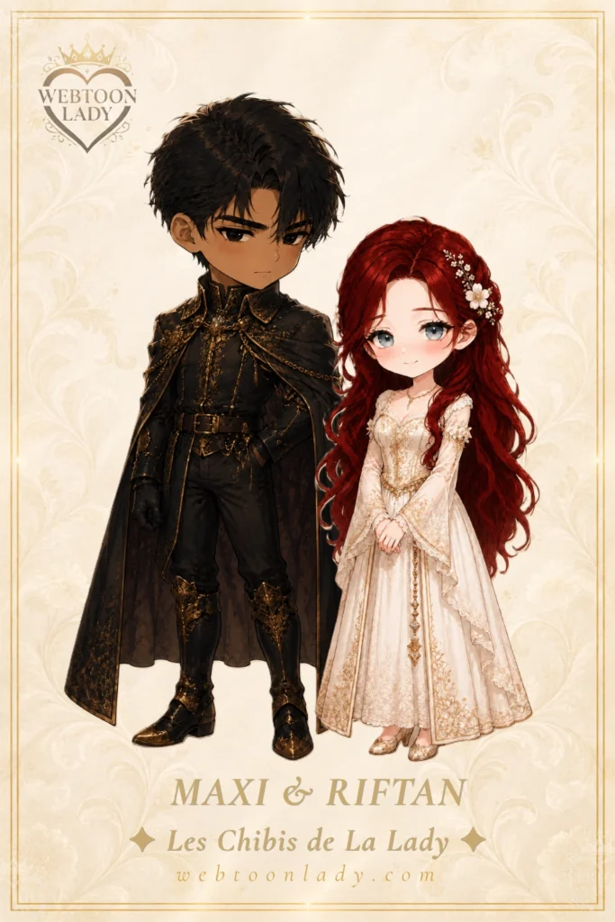 Illustration chibi de Maxi et Riftan, les personnages principaux du webtoon Under the Oak Tree, en tenues médiévales élégantes.
