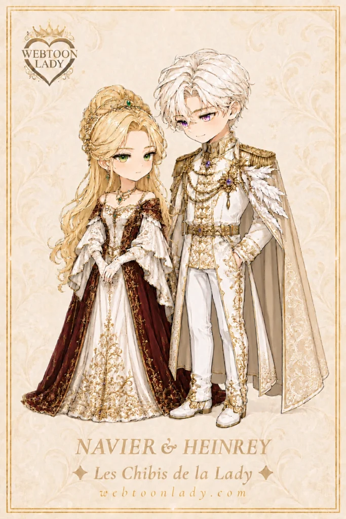 Navier et Heinrey en personnages chibis inspirés du webtoon L’Impératrice remariée, dans des tenues impériales bordeaux, ivoire et or.