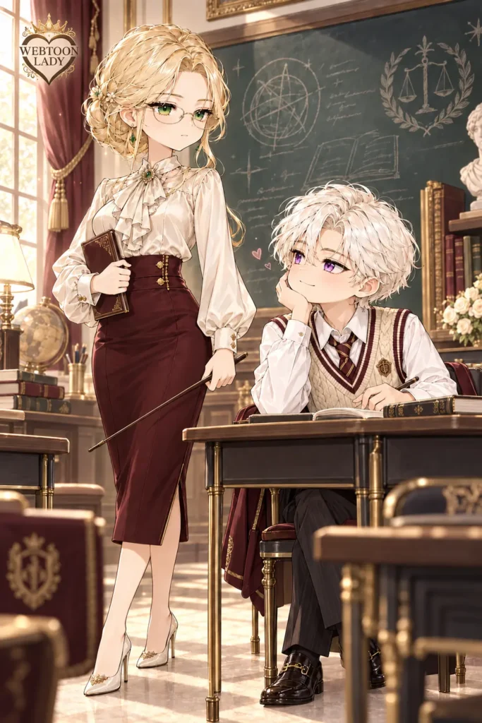 Navier en professeure élégante, une baguette à la main, tandis qu’Heinrey l’admire depuis le premier rang. logo webtoon lady