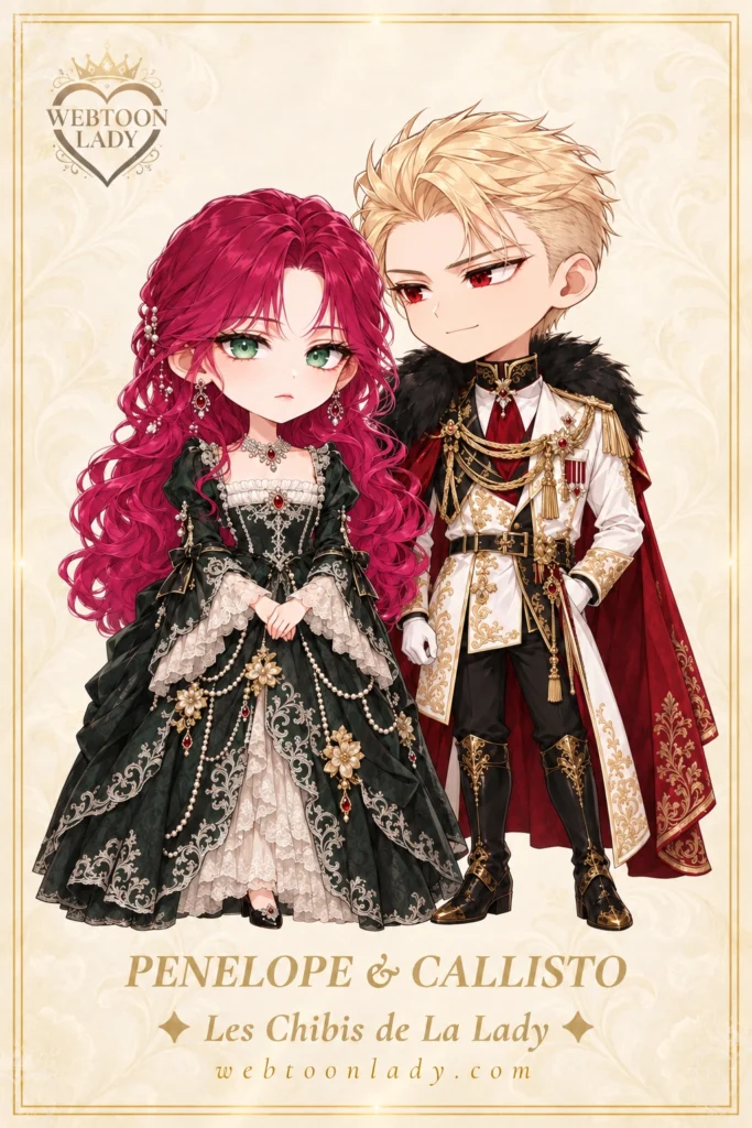 Penelope et Callisto en personnages chibis inspirés du webtoon Villains Are Destined to Die, vêtus d’une robe vert sombre et d’un uniforme blanc, noir et or.