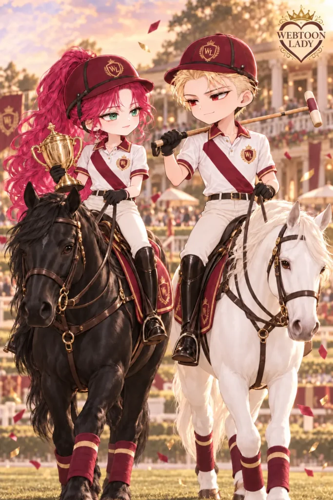Penelope et Callisto à cheval après leur victoire lors d’un match de polo, avec la coupe et un maillet.