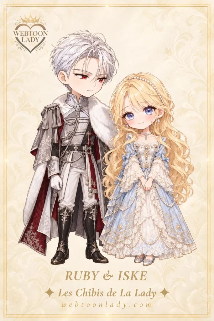 Ruby et Iske en personnages chibis inspirés du webtoon Les Intrigues d’une Borgia, vêtus d’une robe bleu pâle et d’un uniforme blanc, argent et bordeaux.