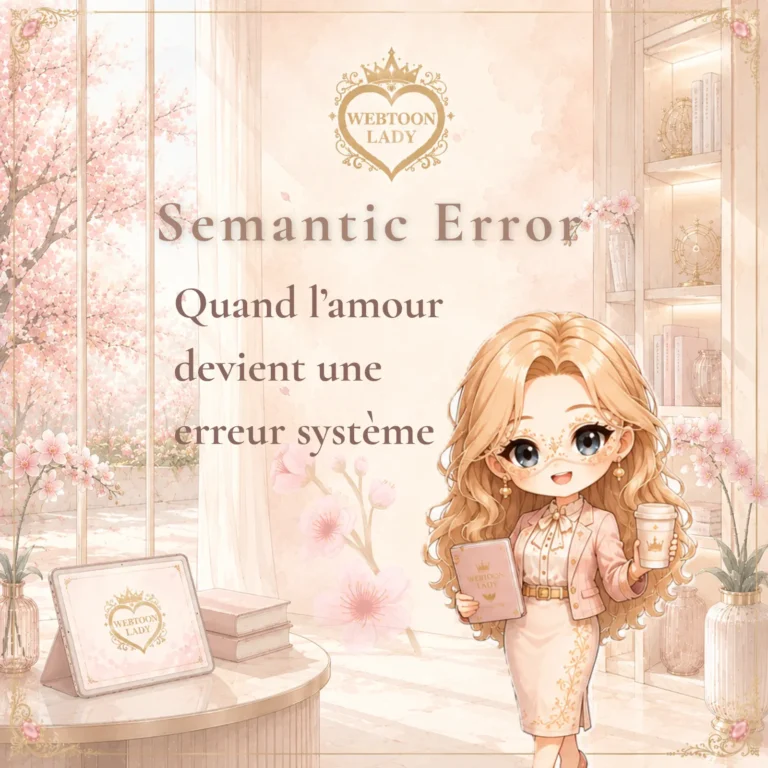 La Lady dans un décor fleuri avec le titre « Semantic Error – Quand l’amour devient une erreur système »