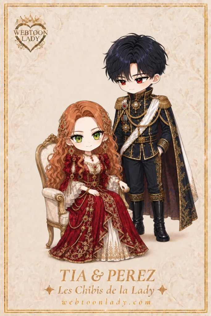 Tia assise et Perez debout derrière elle en personnages chibis inspirés du webtoon La Nouvelle Cheffe de clan, dans des tenues rouges, bleu nuit et or.