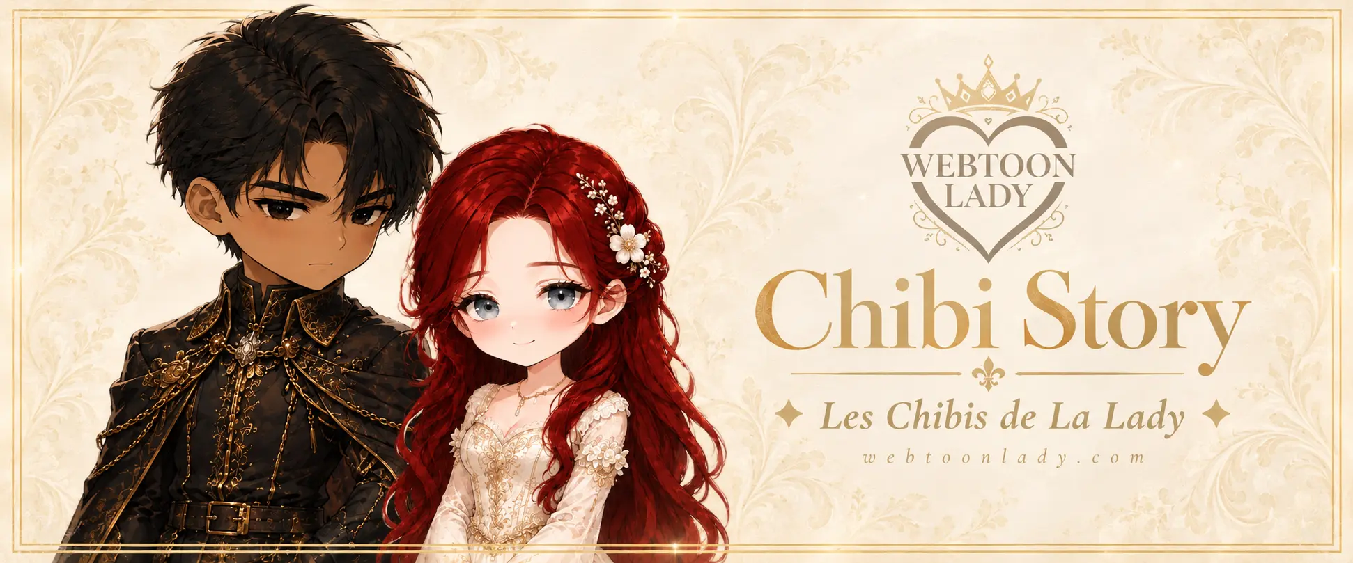 Bannière Webtoon Lady : Maxi et Riftan en chibis, cadrés à mi-corps sur fond ivoire et doré, à côté du logo et du titre « Chibi Story – Les Chibis de la Lady ».