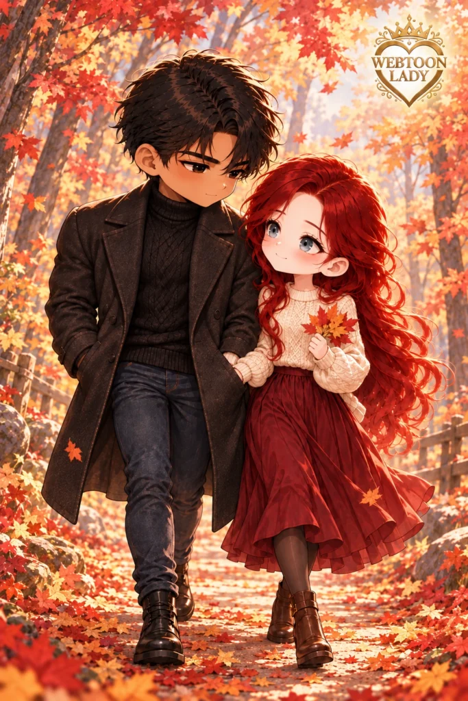 Maxi et Riftan en chibis se promènent dans une forêt aux couleurs d’automne. Maxi porte un pull crème et une jupe bordeaux, avec ses longs cheveux roux détachés. Riftan, en manteau sombre, la regarde tendrement. Leurs mains jointes sont glissées dans la poche de son manteau. Logo Webtoon Lady en haut à droite.