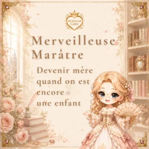 Merveilleuse Marâtre — Devenir mère quand on est encore une enfant. Visuel crème et rose avec la Lady en chibi tenant un éventail dans une bibliothèque fleurie.