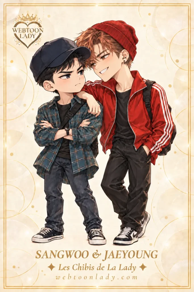 Création chibi Webtoon Lady représentant Sangwoo et Jaeyoung de Semantic Error. Sangwoo, en casquette sombre et chemise à carreaux, croise les bras avec un air agacé. Jaeyoung, aux cheveux cuivrés, porte un bonnet rouge et une veste rouge à trois bandes blanches. Il sourit malicieusement, un bras sur les épaules de Sangwoo. Fond ivoire aux cercles dorés, logo Webtoon Lady et inscription « Les Chibis de la Lady ».