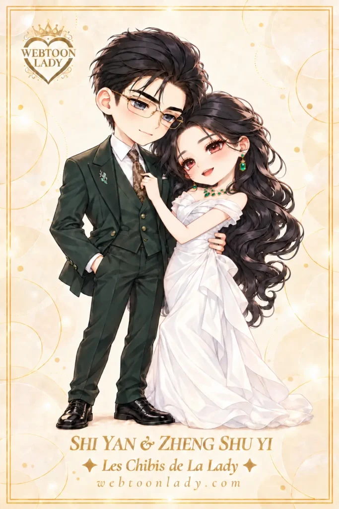 Shi Yan en costume vert et Zheng Shu Yi en robe blanche, enlacés en chibis sur un fond ivoire et doré. Création Webtoon Lady inspirée de Priceless Seduction.