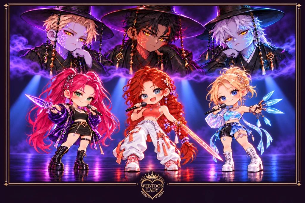Illustration chibi de Pénélope, Maxi et Ruby en chanteuses et chasseuses de démons, sous Callisto, Riftan et Iske aux yeux dorés et aux marques lumineuses. Décor violet et bleu, cadre doré et logo Webtoon Lady.