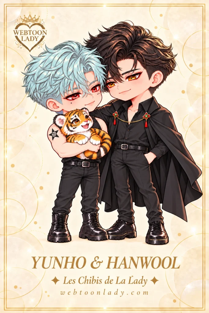 Illustration chibi de Yunho tenant un bébé tigre, près de Hanwool vêtu de noir avec une cape. Fond crème, cadre doré et logo Webtoon Lady, avec leurs noms en bas.