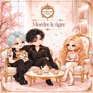 Yunho et Han en version chibi, avec un bébé tigre, reçus par la Lady autour d’un thé pour la chronique de Biting the Tiger.